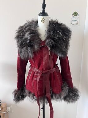 Vintage Red Suede Moto Jacket w Real Fox Fur Collar & Cuffs Mobwife M-L